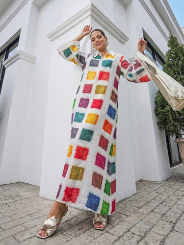 1785344 Flared Sleeves Long Sleeves Contrast Color Printed Split-Back Split-Joint Lapel Maxi Dresses