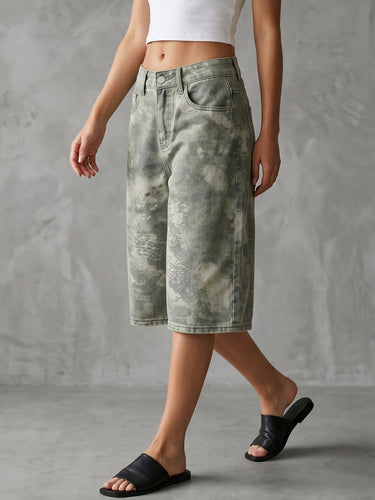 1777896 Cropped High Waisted Buttoned Contrast Color Pockets Printed Cropped Trousers Jean Pants Bottoms