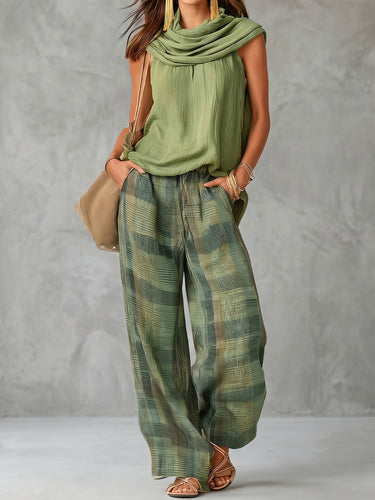 1779196 High Waisted Loose Contrast Color Plaid Pockets Pants Trousers