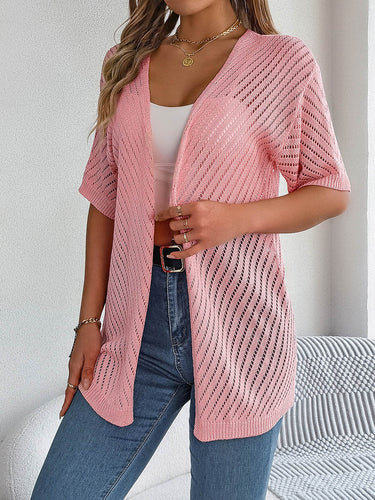 1771106 Halbärmelige, lockere, hohle, einfarbige Cardigan-Oberteile