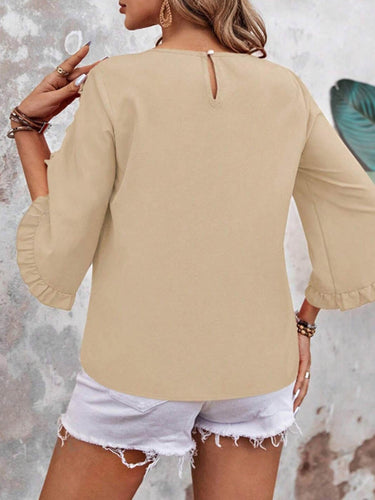 1753149 Batwing Sleeves Long Sleeves Ruffled Solid Color Split-Joint Round-Neck Blouses&Shirts Tops