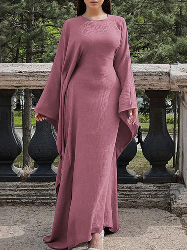 1717834 Batwing Sleeves Long Sleeves Solid Color Round-Neck Maxi Dresses
