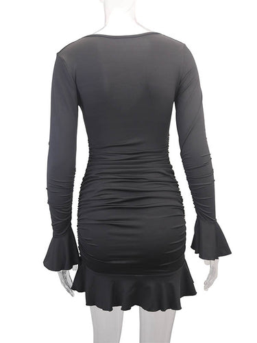 1726362 Bodycon Elasticated Waist Pleated Ruffled Solid Color Split-Joint V-Neck Midi Dresses