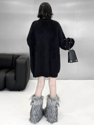 1720207 Long Sleeves Loose Beads Contrast Color Shiny Split-Joint Round-Neck Mini Dresses Sweater Dresses