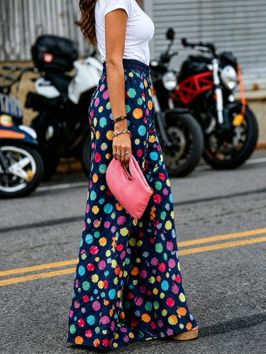 1777579 High Waisted Wide Leg Contrast Color Elasticity Pockets Polka Dot Pants Trousers