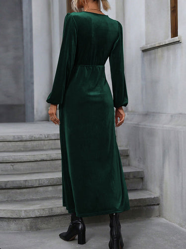 1737039 High Waisted Long Sleeves Solid Color Split-Side Tied Waist Velvet Deep V-Neck Maxi Dresses