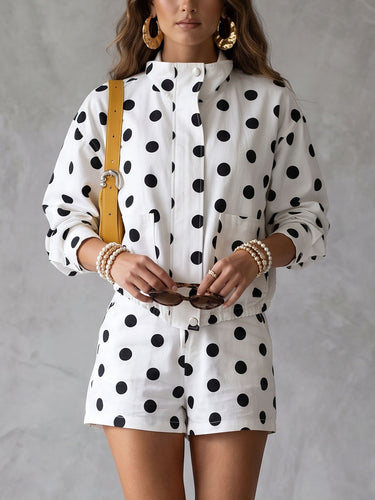 1788026 Polka Dot Contrast Color Buttoned Loose Long Sleeves Stand Collar Outerwear