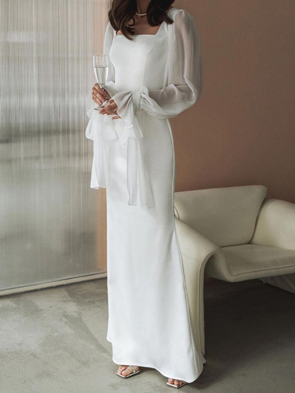 Puff Sleeves Gauze Pleated See-Through Solid Color Split-Joint Tied Waist Lapel Maxi Dresses