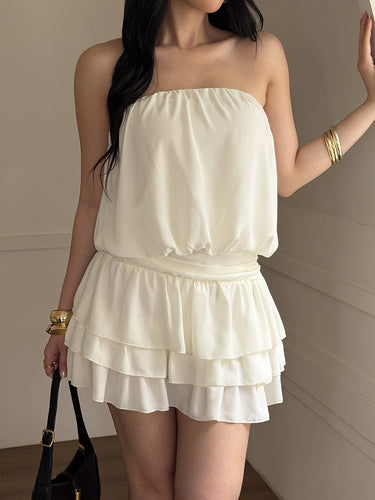 1772322 Sleeveless Elasticity Pleated Ruffled Solid Color Split-Joint Tube Mini Dresses
