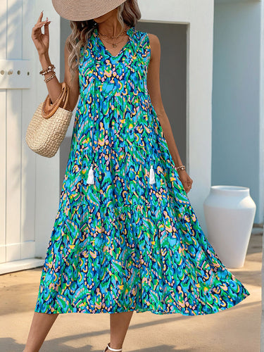 1749539 A-Line Loose Contrast Color Printed Split-Joint V-Neck Maxi Dresses