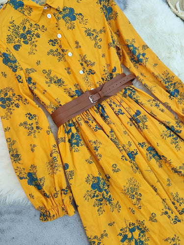 1740274 A-Line Elasticated Waist Belted Buttoned Contrast Color Flower Print Pleated Split-Joint Lapel Maxi Dresses Shirt Dress
