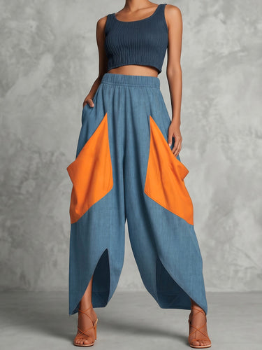 High Waisted Loose Contrast Color Elasticity Pockets Split-Joint Ninth Pants Trousers