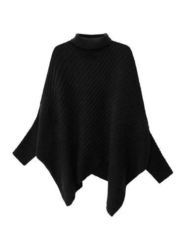 1726275 Batwing Sleeves Irregularity Asymmetric Ribbed Knit Solid Color Split-Joint High Neck Sweater Tops