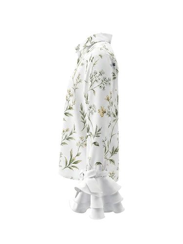 1781339 Long Sleeves Ruffle Sleeves Buttoned Flower Print Lapel Blouses&Shirts Tops