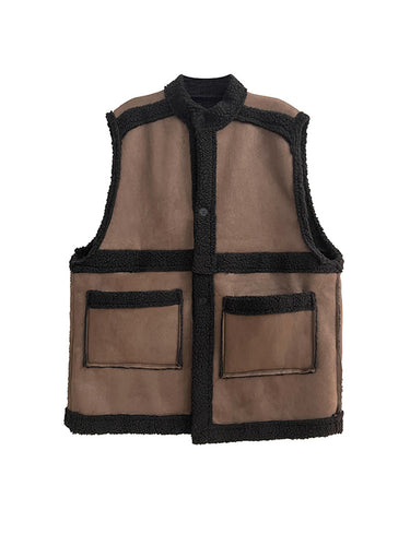 1720719 Loose Sleeveless Buttoned Pockets Split-Joint Stand Collar Vest Outerwear