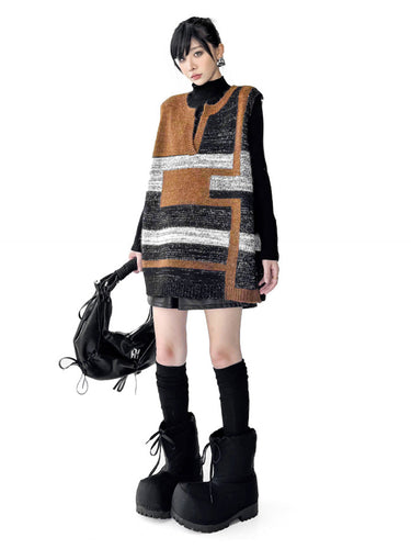 1734788 Loose Sleeveless Contrast Color Geometric Split-Joint Striped V-Neck Outerwear Vest Top