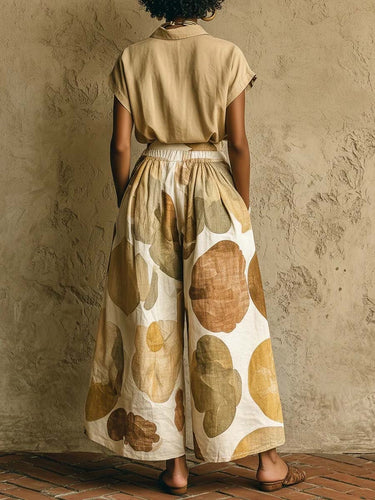 1783419 Loose Wide Leg Buttoned Elasticity Pockets Printed Lapel Two Pieces Set