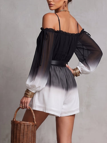 1785475 Long Sleeves Puff Sleeves Backless Contrast Color Gradient No Belt Ruffle Trim See-Through Spaghetti-Neck Jumpsuits