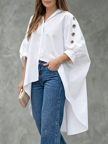 High-Low Loose Buttoned Hollow Pleated Solid Color Lapel Blouses&Shirts Tops