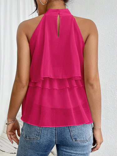 1780328 Sleeveless Hollow Ruffle Trim Solid Color Split-Joint Halter-Neck Tank Top