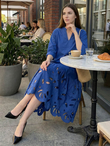 1750819 A-Line Long Sleeves Hollow Pleated Solid Color Split-Joint V-Neck Maxi Dresses