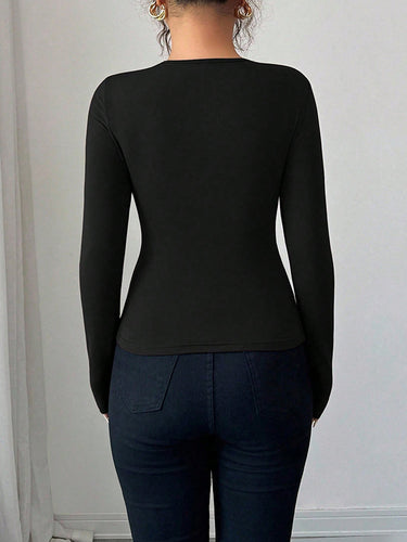 1715899 Long Sleeves Skinny Solid Color Split-Joint Asymmetric Collar T-Shirts