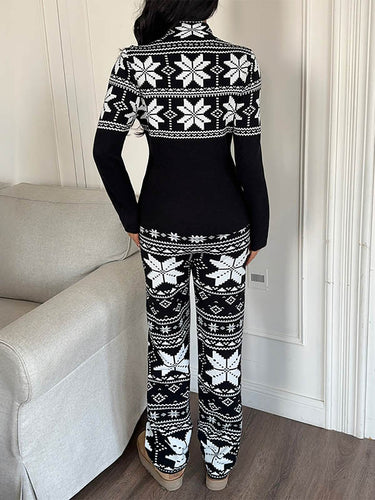 1731523 Loose Contrast Color Printed Split-Joint Striped  Long Sleeves Half Turtleneck Blouses&Shirts Tops + Wide Leg Pants Two Pieces Set