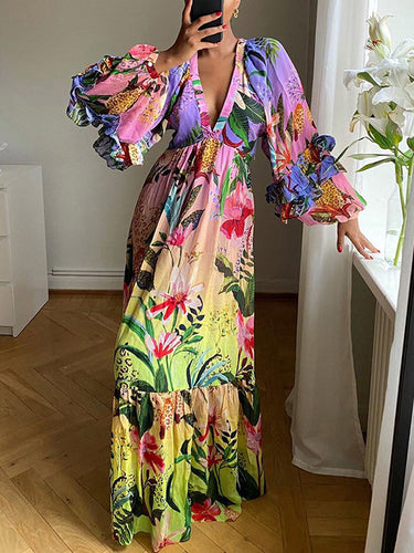 Manga obispo con cintura alta estampada de flores plisadas con rubias divididas con cuello en V profundos vestos maxi