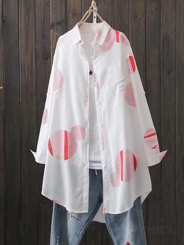 長袖ルーズポルカドットプリントラペルシャツのトップス