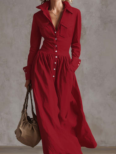 High Waisted Long Sleeves Buttoned Pleated Pockets Solid Color Split-Joint Lapel Maxi Dresses