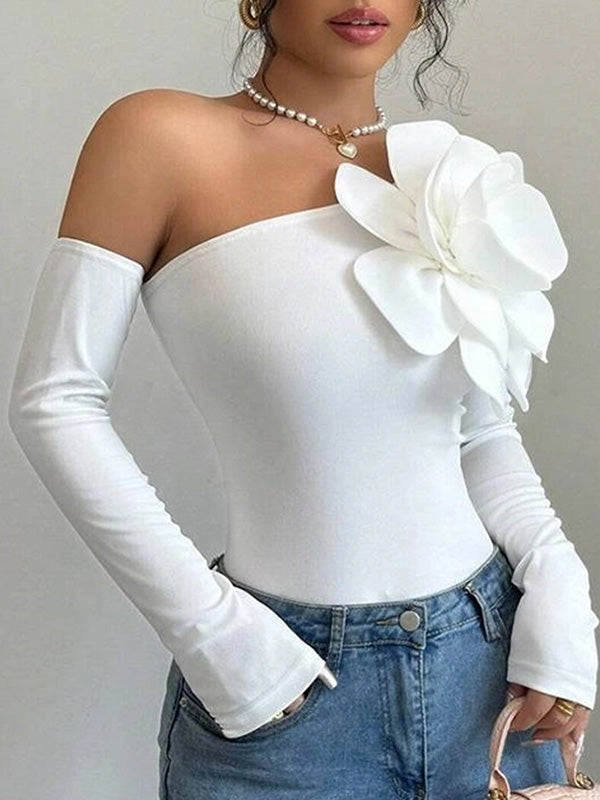 3D Flower One Shoulder Long Sleeve Top main image 0