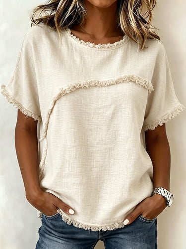 1781233 Loose Short Sleeves Fringed Solid Color Split-Joint Round-Neck T-Shirts Tops