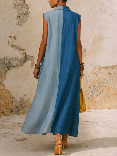 1785080 Loose Sleeveless Buttoned Contrast Color Pockets Lapel Maxi Dresses