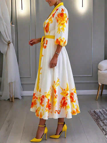 1784094 Loose Puff Sleeves Contrast Color Elasticity Flower Print Tied Waist Deep V-Neck Midi Dresses