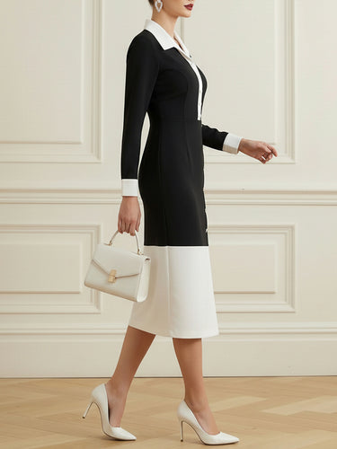 1732894 High Waisted Long Sleeves Buttoned Contrast Color Split-Front Split-Joint Lapel Midi Dresses