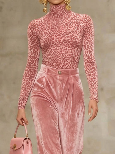 Long Sleeves Skinny Leopard High Neck T-Shirts Tops