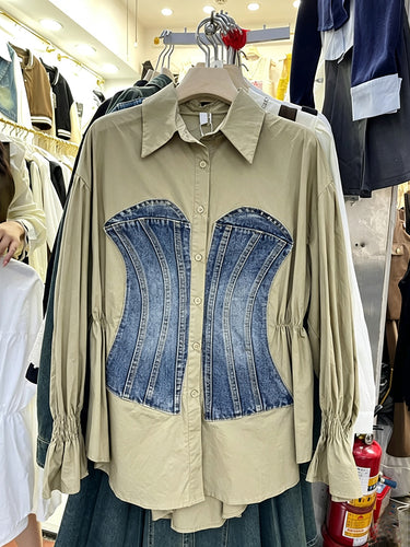Split-Joint Pleated Contrast Color Buttoned Long Sleeves Lapel Blouses&shirts Tops