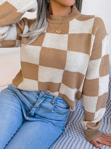 1713667 Long Sleeves Loose Contrast Color Plaid Round-Neck Sweater Tops