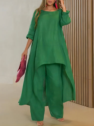 1780467 Asymmetric Solid Color High Waist High-Low Round-Neck Tops + Wide Leg Pants Bottoms Two Pieces Set