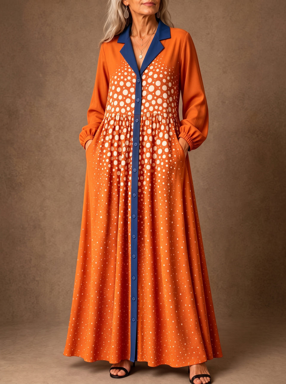 Polka-Dot Pockets Gradient Contrast Color Buttoned Loose Long Sleeves ...