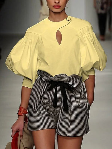 1782794 Half Sleeves Puff Sleeves Buttoned Hollow Solid Color Split-Joint Round-Neck Blouses&Shirts Tops
