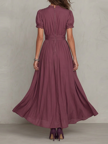 1784233 High Waisted Plus Size Buttoned Pleated Solid Color Round-neck Maxi Dresses