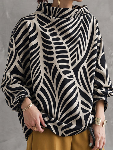 Printed Contrast Color Loose Long Sleeves High-neck Sweatshirt Tops
