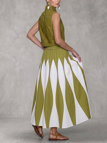 A-Line High Waisted Contrast Color Pleated Printed Skirts Bottoms