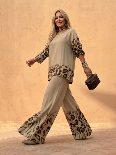 Loose Contrast Color Leopard Split-Joint Round-Neck Blouses&Shirts Tops + Elasticity High Waisted Pockets Pants Trousers Two Pieces Set