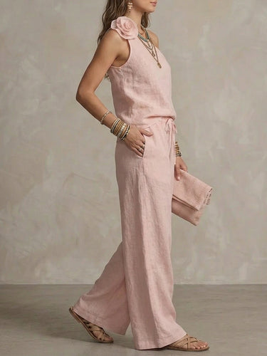 Loose Wide Leg Elasticity Pockets Solid Color Tied Pants Trousers