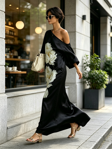 Pockets Flower Print Asymmetric Three-quarter Sleeves Loose One-shoulder Maxi Dresses