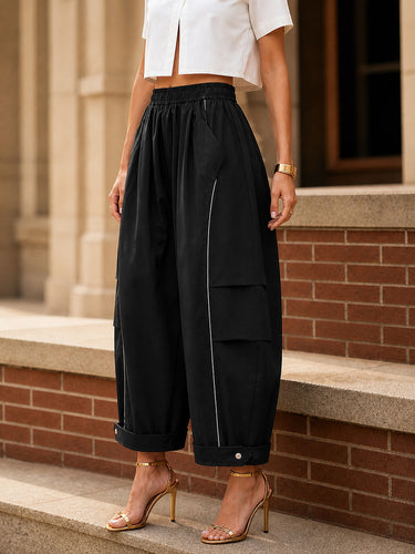 Pockets Elasticity Contrast Color Buttoned Wide Leg Loose Pants Cropped Trousers