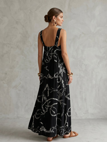 1785139 A-Line Loose Backless Contrast Color Drawstring Printed Spaghetti-Neck Midi Dresses