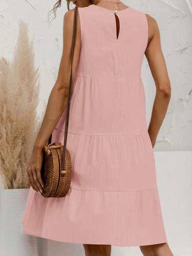1773597 A-Line Loose Pleated Solid Color Tiered Round-Neck Mini Dresses